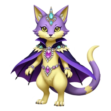 Kawaii cute Violet Yellow Black beautiful pretty elegant divine edgy feline-vernid-sergal-Fakémon-Pokémon-Digimon-fursona-animal-creature, full body, with intricate detailed markings, Embroidered capelet, Gem-studded horn ring sticker