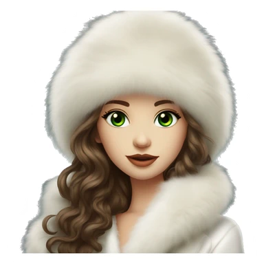 Beautiful Slavic green eyes girl with brown wavy long hair in a big white fur hat and white Mink fur coat sticker