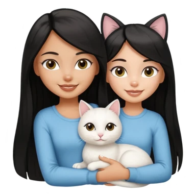 a pretty tan bratz girl with black long straight hair smiling and holding a white cat\ sticker