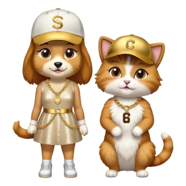 dog on a stage wearing rapper clothes next to a female cat with a dress sticker