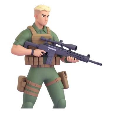 muscular soldier with a cool hairstyle holding a sniper rifle, dynamic pose, detailed uniform, action vibe sticker