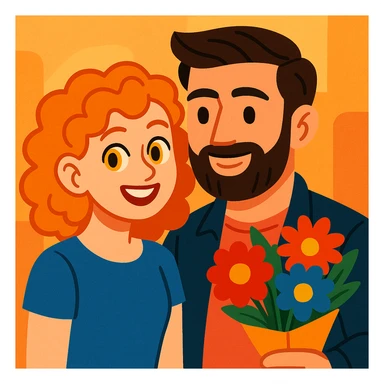a curly haired girl with yellow eyes and hair parted from the right side, smiling beside a handsome bearded man holding a bouquet, modern, colorful, and charming sticker