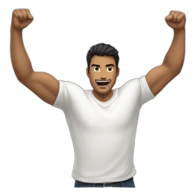 dark haired man in white t-shirt raising fists in victory sticker