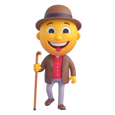 3D smiley emoji, round shape, grandfather with walking cane, brown color, smiling face sticker