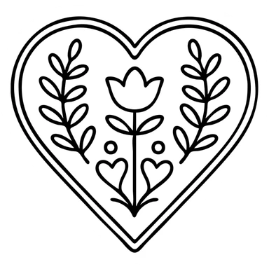 red heart with Scandinavian folk art nature motif, bright folk colors, simple and bold, black outline around the motif, gold border around heart, motif is clear at small size sticker