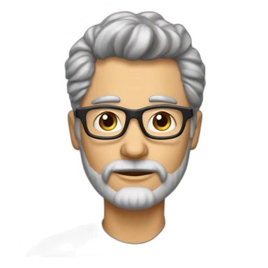 hombre de 55 años con el pelo muy corto y ondulado canoso, barba canosa cortita, boca grande y labios muy carnosos, ojos color gris claro, lentes de color negro sticker