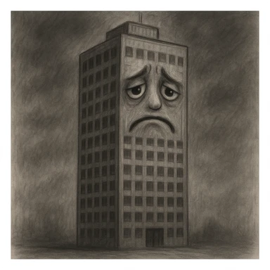 a sad office tower with an expressive face, gloomy mood sticker