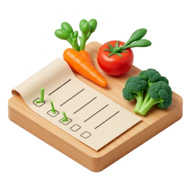 carrot tomato brocoli on the wooden cutting board with floating rolled paper list with green checkboxes sticker