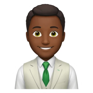 businessman, black skin, brown eyes, white suit vest, green tie sticker