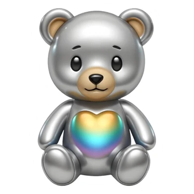 A cute teddy bear emoji made of liquid silver chrome, smooth rounded body, glossy metallic surface, soft reflections, friendly proportions, iOS emoji style, centered, clean white background sticker