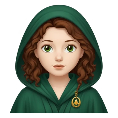 A white woman, a little heavier face, with long dark auburn hair robed and hooded like she's a Traitor in the tv show The Traitors. her hair is slightly curly, but kinda frizzy, not with defined curls, and the robe is a very dark green color sticker