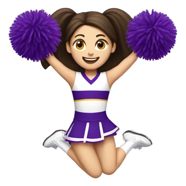 Caucasian cheerleader with long dark brown hair, jumping and holding up two purple Pom poms, small full body emoji sticker