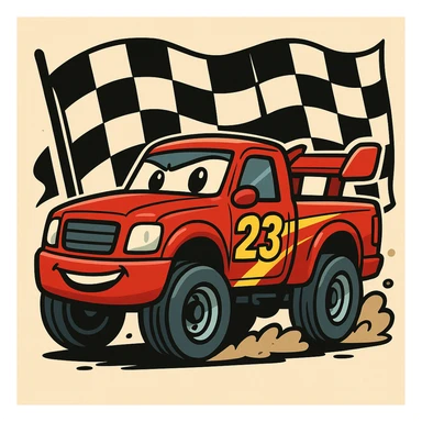 race truck with a checkered flag background, cartoon style sticker