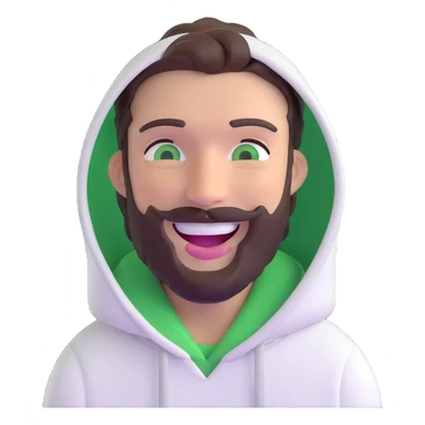 laughing guy with white hoodie, green eyes, dark brown hair and a short full beard sticker