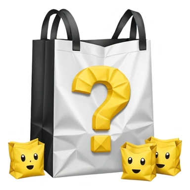 crumbled white goodiebag with yellow questions mark boxes stuffed in it sticker