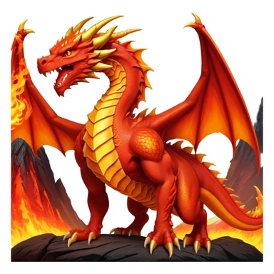 cinematic-noble-fierce-fire-dragon-full body-emoji,-poised-and-imposing,-with-a-muscular,-scaled-body-ablaze-in-fiery-hues-of-crimson,-molten-orange,-and-molten-gold,-and-intense,-burning-eyes-that-mirror-the-heart-of-a-volcano;-rendered in detail sticker