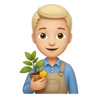 A calm, friendly male cartoon character with light skin, simple farm clothes, warm smile, holding a small plant or flower, stylized as a cute, readable emoji icon with soft earthy color sticker