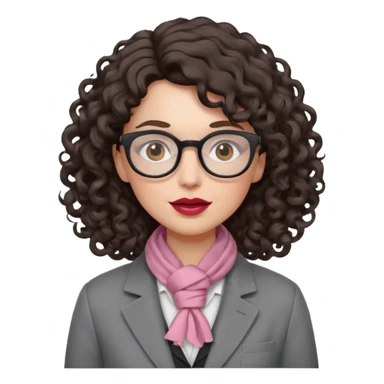 A crazy female scientist, with curly-wavy dark brown hair, brown eyes and light grey glasses and pale skin and pinkish lips, dressed to look like an english teacher but in neutral tones like grey black white, maybe with the pop of dark red sticker