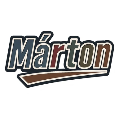 Márton name in masculine, modern, gradient font with precise Hungarian characters, dark outline, extra thick, prominent white border as in reference images, dynamic slanted underline, masculine color shades (blue, gray, burgundy, green, brown), 1000x1000 px, PNG, transparent background sticker