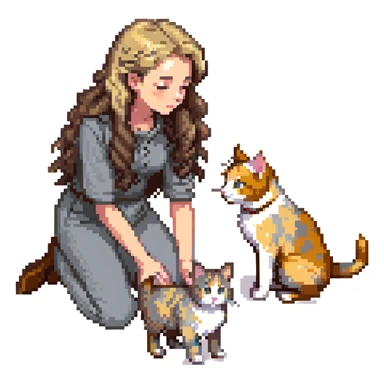 Remix: Beautiful girl with long curly brown hair, inspired by the reference, petting a gray and blonde mixed cat, pixel art style, girl kneeling, cat looking up sticker