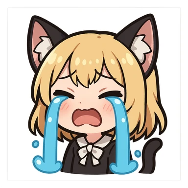 chibi anime catgirl with black and white cat ears, blonde hair, blue eyes, white skin, cute, crying expression, Twitch emote sticker