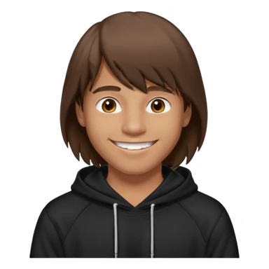 20 yr old man, brown hair, straight, big smile, white teeth, tanned skin, bangs, black hooded sweatshirt, long hair in back, middle parted bangs sticker