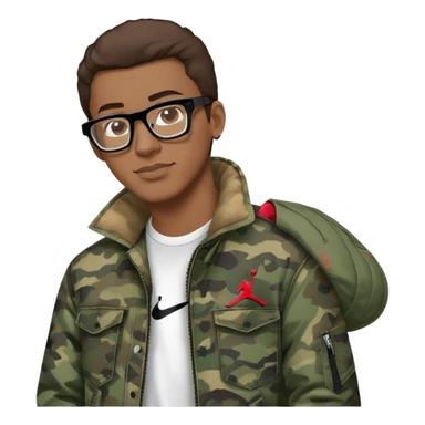 guy with glasses and brown hair and camo jacket and jeans and air jordan 3s sticker