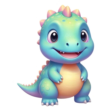 Cinematic tiny pastel dinosaur, chubby round body, tiny feet, big sparkling eyes, soft glowing colors, happy and friendly expression, radiating warmth. sticker
