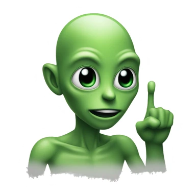 An emoji-style alien face with a friendly expression, green skin, large black eyes, and a simple smile, holding one finger up to its mouth as if saying 'shiuu' or 'shh,' conveying a quiet or secretive gesture sticker
