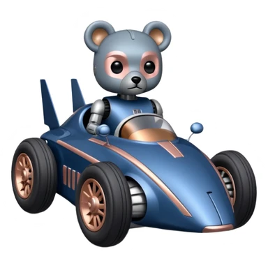  Metallic dark blue and rosegold-accented  racing car for furry-faced grey bearded evil alien scary robot teddy bear and passenger with custom aero body and rear spoiler (Star Wars style) sticker