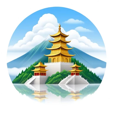 Mount Emei misty peaks with golden temple Sichuan, simplified emoji style with bold outlines and bright colors, cartoon style mountain with clouds sticker