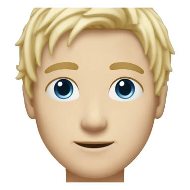 white man with clear skin with fringe down blonde hair style blue eyes and  sticker
