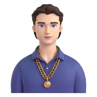 handsome male with intense blue-grey eyes, chiseled features, pale skin, confident smirk, dark brown styled hair, baddie energy, gold chain, stylish fitted shirt sticker