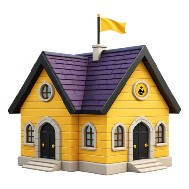 simple school, white background, magic school, black roof, with a big flag, big flag on a roof, big yellow flag, white school sticker