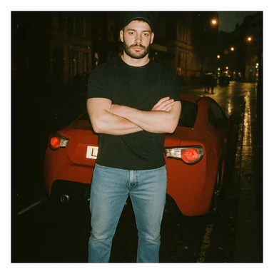 Grunge-style analog photo, London 2025, person inspired by the new reference image with Nissan GT 86 in the background, model pose, black t-shirt, jeans, Nike Air Jordan low, using flash, rainy street, analog grain, 6/8. sticker