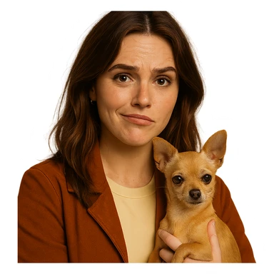 Portrait for Instagram profile picture inspired by the facial features visible in the reference images, with a tanned complexion, subtle freckles, wearing a shirt in color #FFF8CA and a rust-colored jacket, medium-length brown hair with auburn highlights, ironic and sarcastic expression, holding a beige-brown chihuahua, in the style of a Netflix series, transparent background, intimate Tenerife ambiance. sticker