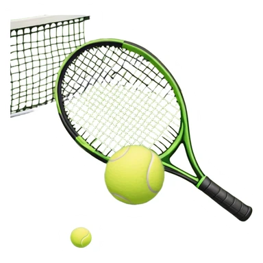 A tennis racket and a ball placed on the ground, with a tennis court in the background. The court lines and net are visible, emphasizing the structure and focus of the sport, creating a dynamic and energetic vibe. sticker