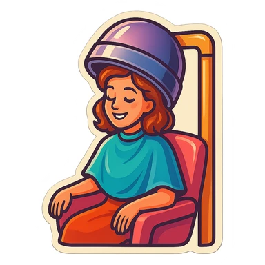 a girl sitting in a beauty salon getting a hair treatment, bright and cheerful sticker