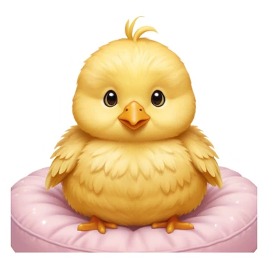 Cinematic round fluffy chick, golden yellow, tiny beak and feet, soft downy feathers, sparkling gentle eyes, sitting on a pastel-colored cushion, radiating warmth and sweetness. sticker