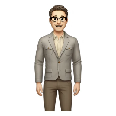 Joyful Full height Pale skinned Fit Man With dark brown hair in gray jacket, beige office shirt, Brown pants and vintage glasses. His thrumbs up sticker