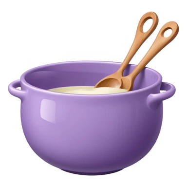 a lilac ceramic mixing bowl with a wooden spoon stirring sticker