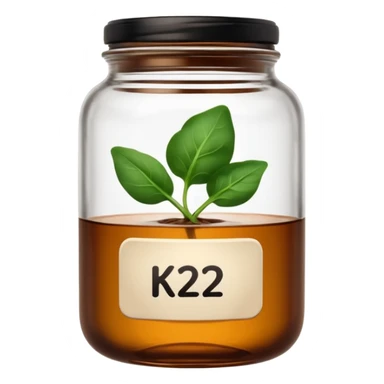 brown glass jar of supplements with white label, black thin title K2 and small spinach emoji sticker