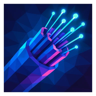 fiberoptic cable, glowing, high-tech, close-up, low-poly polygonal illustration style, vibrant and geometric sticker