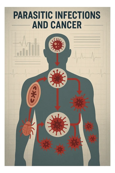 a man’s silhouette is filled with stylized images of parasites and tumor cells, connected by red lines or arrows to show cause and effect. The background features a medical chart or infographic about the dangers of untreated parasitic infections. The overall tone is serious and educational. scritto in italiano sticker