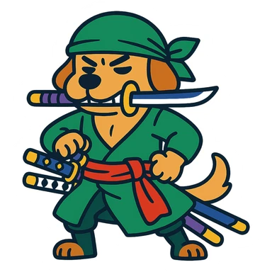 dog dressed as Zoro from One Piece, green bandana, three swords, confident pose, vibrant colors sticker
