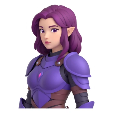 mysterious warrior girl with flowing purple hair, dressed in black armor, looking over her shoulder, emoji style sticker