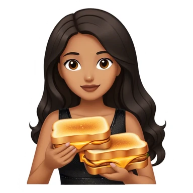 Beautiful woman in 1950’s woman fashion look, black shimmery dress, long dark brown hair, grilled cheese sandwiche sticker