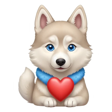 Beige husky with blue eyes holding a big heart sticker