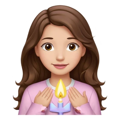 girl with wavy long brown hair, brown eyes, light to medium complexion, long lashes, light pink lipstick, praying, smiling, wearing light pink shirt sticker