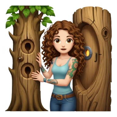 woman with long curly brown hair, brown eyes, white skin, tattoos, opening a tree trunk like a secret door portal sticker